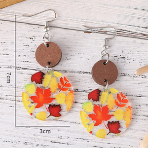 Pendientes acrílicos Acción de Gracias Naranja Rojo Amarillo Hoja de arce Circular Media Luna Patchwork Pendientes colgantes para mujeres Uionen 809 - Product Image 5