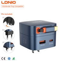 Chargeur rapide LDNIO Q10 65W GaN, 3 ports, design tout-en-un, 100-240V, protection de sécurité large, chargeur de téléphone portable, chargeur de voyage