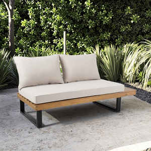 2-Seater Wooden <b>Sofa</b> Set Right Side Outdoor <b>Sofa</b> Beige Cushions Acacia Wood Frame Black Metal Legs for <b>Hotel</b> Villa Use - Product Image 2