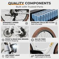 Vélo électrique urbain pour adultes 26 pouces, batterie lithium 36V 14.4Ah, moteur sans balais 250W, freins à disque, cadre en aluminium léger, stock UE