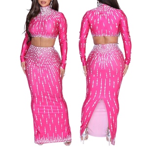 Women's Printed Two Piece Dress <b>Skirt</b> Long Sleeve Top Wrap Hip <b>Split</b> <b>Skirt</b> Party Set Fashion - Product Image 5