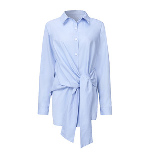 Camicetta da Donna alla Moda con Fiocco Frontale, Colore Azzurro, Maniche Lunghe, Colletto Rovesciato, <span class=keywords><strong>Top</strong></span> Casual Elegante - Product Image 4
