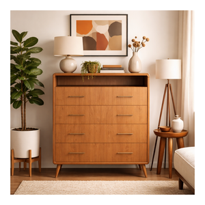 Commode haute en bois de style moderne du milieu du siècle avec 6 tiroirs, commode de rangement pour chambre à coucher, organisateur de meubles verticaux pour la maison - Product Image 1