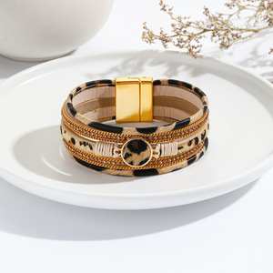 Leopard Print Color Series Multi-layer Electroplated PU <b>Leather</b> <b>Bracelet</b> Versatile Women's Jewelry Magnetic Clasp Wholesale - Product Image 4