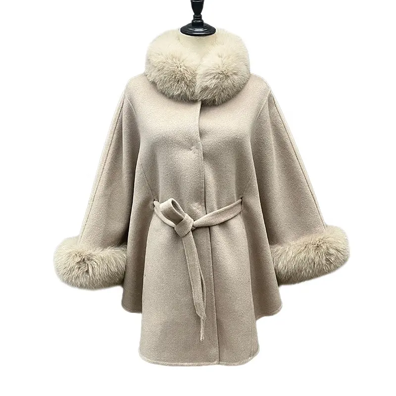 Custom Size Color Luxury Fur Shawl Winter Real Wool Cashmere Fox Fur Poncho Cape for Women