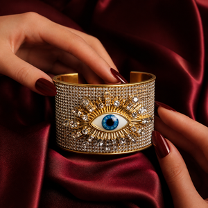 Bracelets de charme et ensembles de joncs de luxe chrétiens, plaqués or 18 carats, avec incrustation de pierres naturelles et motif yeux surdimensionnés, style mode audacieuse - Product Image 2