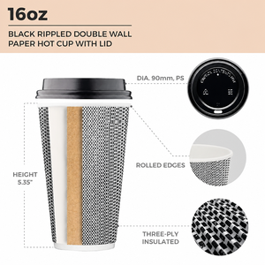Gobelets à café jetables en papier de 16 oz avec couvercles, isolés, à double paroi, ondulés, pour emporter - Product Image 6