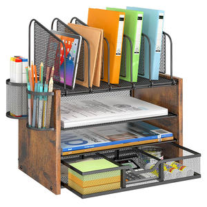 Organisateur de bureau en bambou à 4 niveaux avec 5 porte-fichiers verticaux et 2 porte-stylos pour le bureau à domicile - Étagère de <span class=keywords><strong>rangement</strong></span> moderne - Product Image 5