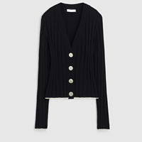 Cardigan rétro élégant à col en V avec bords contrastés Style français coupe décontractée haut amincissant à manches longues