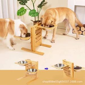 ขาตั้งชามอาหารสุนัขไม้ไผ่ ปรับความสูงได้ สถานีให้อาหารไม้เนื้อแข็งสำหรับสุนัขและแมว ใช้ในบ้าน ที่ให้อาหารสัตว์เลี้ยง - Product Image 1