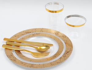Services de vaisselle <span class=keywords><strong>jetables</strong></span> en plastique doré, gobelets et assiettes de 9 oz avec <span class=keywords><strong>couverts</strong></span> à bord blanc et doré pour événements de mariage - Product Image 5