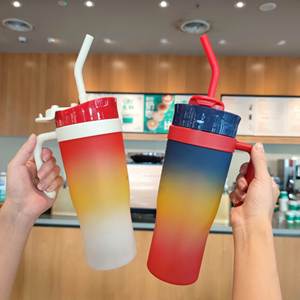 Adventure <b>Cup</b> <b>Straw</b> New Plastic Gradient Ramp Car Mug Handle Tumblers 1200ml American Style for Travel Serving Ice Cold Coffee - Product Image 2