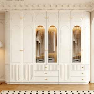French Style White Lacquer <b>Wardrobe</b> With Hollow Glass Doors Wave Pattern Glass <b>Drawers</b> <b>and</b> Curved Side Design - Product Image 1