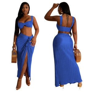 Summer Hot Sale 2023 Pleated Fabric <strong>Outfits</strong> <strong>Women</strong> <strong>Sexy</strong> Two Piece Stacked Slit Skirt Set Ladies Vacation Beachwear - Product Image 4