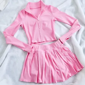 2 Piece Set Women Pure Color Mini Skirts Women Sexy Casual Comfy Cropped Shirt Pleated Skirts Women