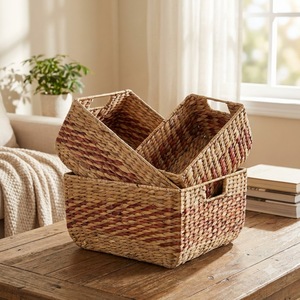 Cheap Price Water Hyacinth Portable <b>Foldable</b> Grass Woven Storage <b>Basket</b> with Sturdy Built-in Handle Handwoven <b>Basket</b> - Product Image 1