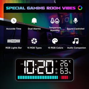 นาฬิกา LED พร้อมแถบแสดงจังหวะ นาฬิกาปลุกแบบตั้งโต๊ะ วัดอุณหภูมิและความชื้นแบบดิจิตอล พร้อมฟังก์ชั่นเลื่อนปลุก และหน้าจอแบบกระจก - Product Image 2