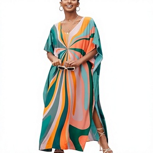 Robe Abaya Maxi Col V Manches Courtes Coupe Ample Motif Géométrique Ourlet Asymétrique Plage Été Femme Polyester Style Bohème - Product Image 1
