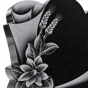 Pierre tombale en granit noir absolu, sculptée à la main, avec gravure florale en relief, pierre commémorative, pierre tombale - Product Image 4