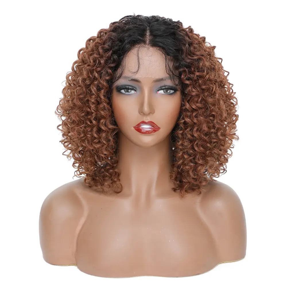 Ombre Brown Lace Front Wig Synthetic Wigs 150% Density Heat Resistant Kinky Curly Bob Lace Wig For Black Women