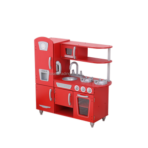 Cuisine en bois rouge classique vintage pour enfants avec machine à glaçons, téléphone, robinet, évier, brûleur et four - Product Image 2