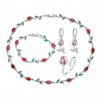 Ensemble de bijoux vintage en cuivre pour femmes, cristal, strass, plaqué or, design de fleur de tulipe, collier/boucles d'oreilles/bague/bracelet
