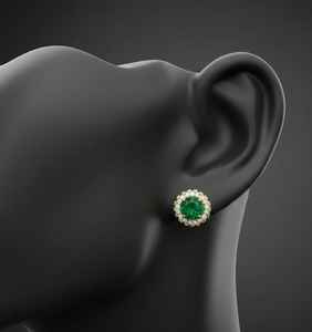 Pendientes de oro de 14 quilates con halo - Regalo para ella |   Diamantes redondos de 1 mm (0.17ctw) |   Esmeralda redonda de 4.80 mm (0.8ctw) |   Pendientes de Oro de 14 Quilates - Product Image 2