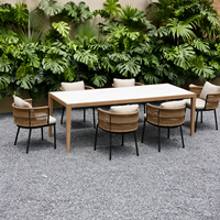 Ensemble de salle à manger d'extérieur pour resort, table à manger en teck résistante aux intempéries et chaises de salle à manger en aluminium et corde, personnalisation OEM