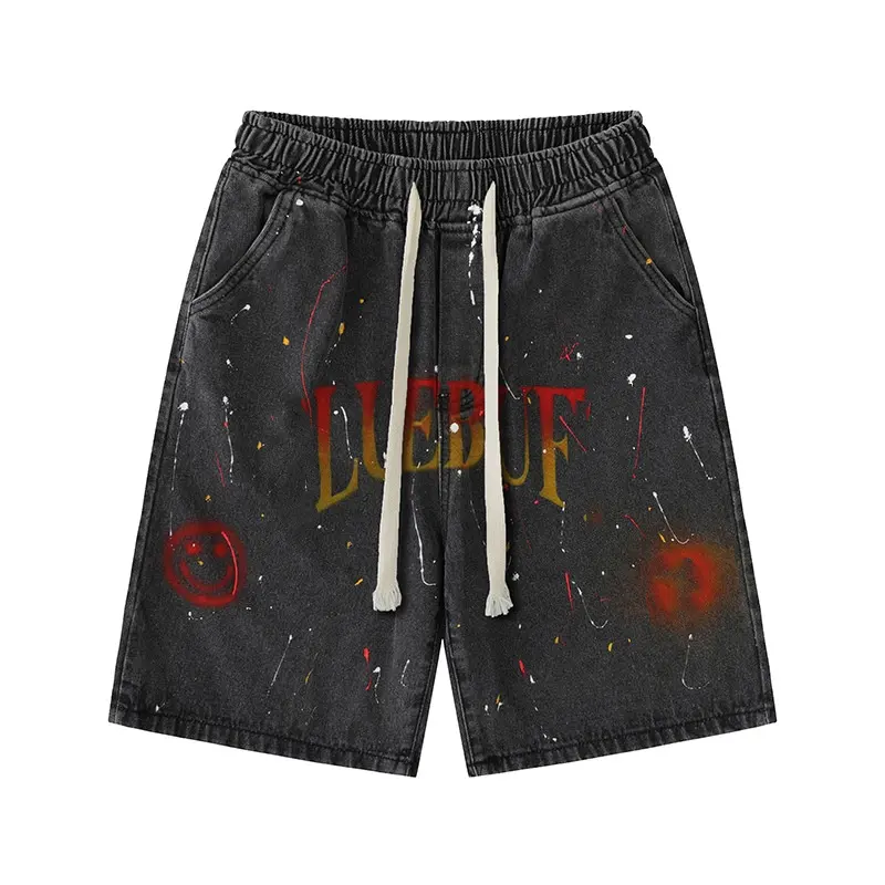 Tùy Chỉnh Đầy Màu Sắc In Ấn Logo Jean Quần Short Rửa Pháp Terry Dây Kéo Quần Short Jogger Đau Khổ Người Đàn Ông Cổ Điển Của Axit Rửa Quần Short