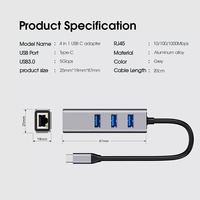 Hub USB C 4 en 1, Adaptador Multipuerto USB 3.0 de 5 Gbps con Puerto Ethernet Gigabit RJ45, Base de Conexión para Laptop y PC