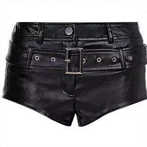 Women's High Waist Black Spandex/Polyester Shorts with Belt Moto Biker Style Breathable Print Skinny Fit - Product Image 3