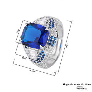 Bijoux de mode écologiques en cuivre, 10*12MM, zircon bleu, imitation verre bleu, strass carré, anneaux ajustables pour femmes - Product Image 2