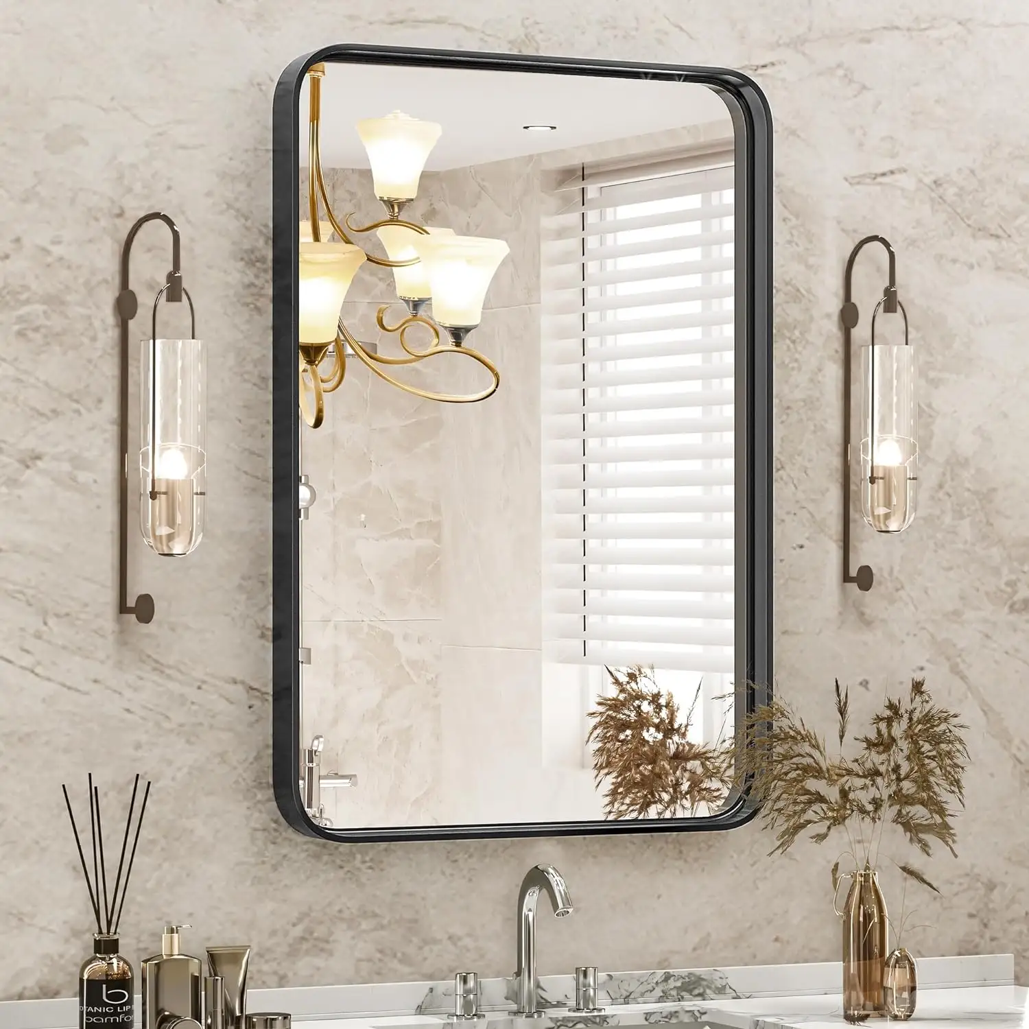 مرآة مكياج بإطار معدني للحمام، مرايا تزيين للحمام فوق الحوض، مرآة كبيرة جدارية للتزيين، نوعان من التعليق