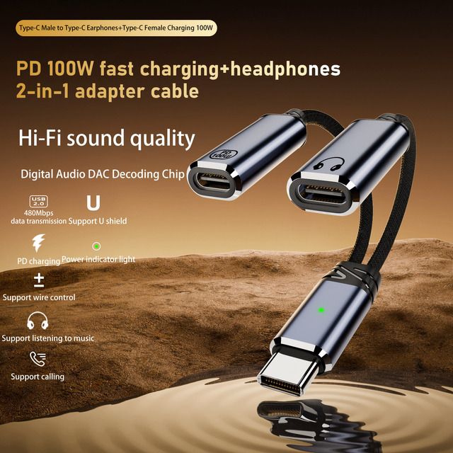 USB-C Headphone Charger Adapter 2-in-1 USB-C to Aux Audio Jack with PD 100W Fast Charging Braid Shielding Cable for iPhone