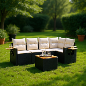 Conjunto de Sofá de Jardín Negro y Crema, Muebles de Ratán para Exteriores con Cojines, Diseño Contemporáneo, Impermeable, para Uso en Patio - Product Image 2