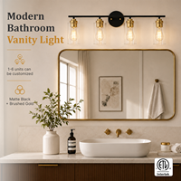 Applique Murale Moderne 4 Lumières Noir et Or en Fer et Verre Transparent, Certifiée ETL, Idéale pour Salle de Bain, Hôtel, Maison, à Poser au-dessus du Miroir – Vente Directe Usine