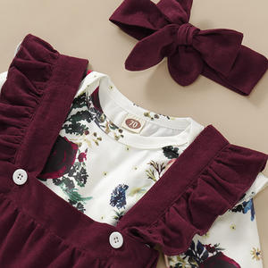 Conjunto de Ropa para Bebé Niña de 2 Piezas: Camisa Cómoda de Algodón con Estampado Floral de Manga Larga y Vestido con Tirantes Color Borgoña - Precio al por Mayor - Product Image 3