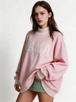 Sweat-shirt à col montant brodé patchwork pour femme, en molleton de coton, manches longues, avec détails contrastants, pull d'automne OEM