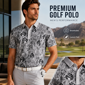 Camisetas de golf de alta calidad para hombre, con estampado tropical de hojas, transpirables, de lujo, para club de campo. - Product Image 1