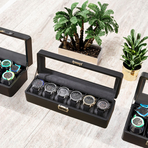 Black Leatherette 6 Slot <b>Watch</b> Box with Faux Suede Lining and Snap Closure Rectangle <b>Case</b> for Men's Timepieces - Product Image 3