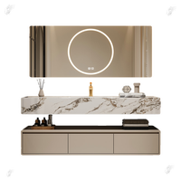 Ensemble de meubles de salle de bain en bois de chêne minimaliste italien de luxe léger avec lavabo intégré en dalle de roche sans joint anti-buée et imperméable