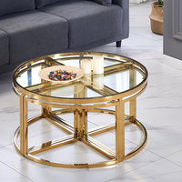 Table basse ronde de luxe avec plateau en verre trempé et base en acier inoxydable à double anneau, table de salon minimaliste et élégante