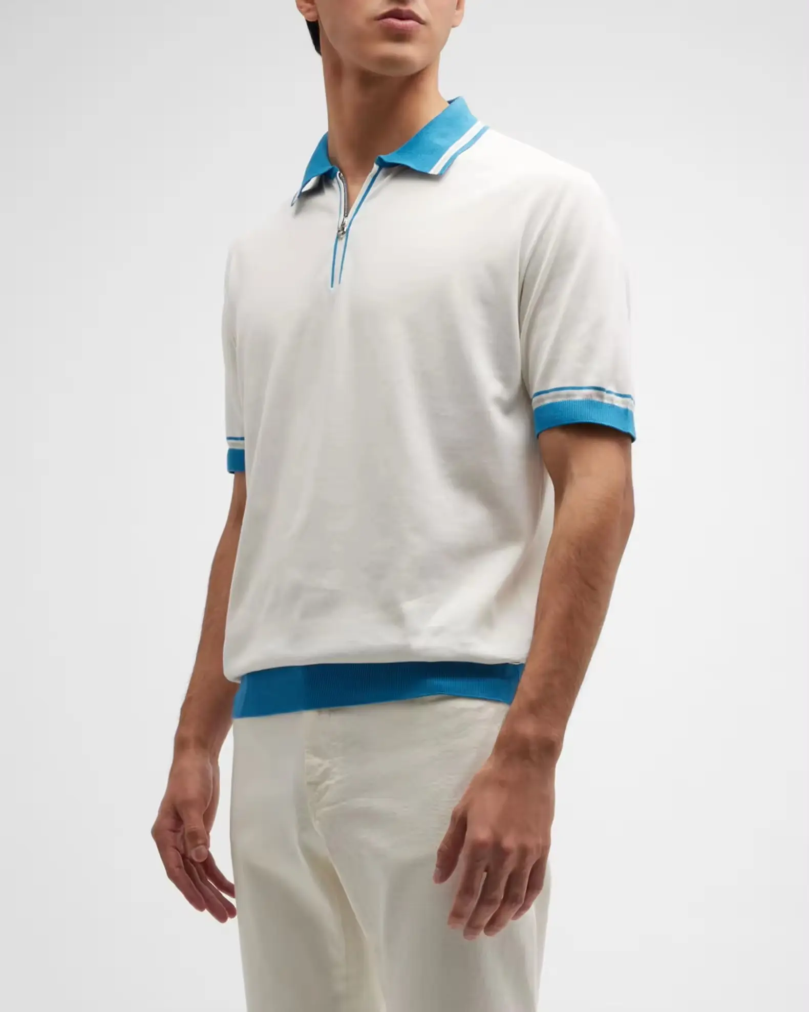 2024 Bán Buôn Tùy Chỉnh Mùa Hè Đan T-Shirt Cotton Ngắn Tay Áo Đan Người Đàn Ông Của Quý Zip Polo Áo Len