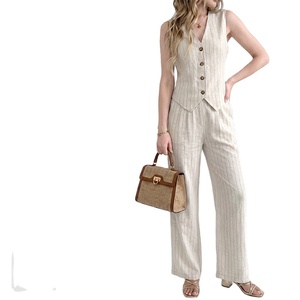 Ropa de Talla Grande para <span class=keywords><strong>Mujer</strong></span>, Conjunto de 2 Piezas, Chaleco de Lino y Pantalones Anchos, Adecuado para Ocasiones Formales y Casuales, Plazo de Entrega de 15 Días - Product Image 1