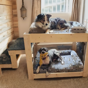 Erhöhtes Holz-Hundebett mit 2 Stabilen Stufen Großes Etagenbett für 2 Hunde Leinen- und Schaumstoffmaterial Nachhaltig - Product Image 3