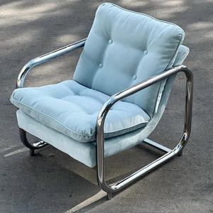 Fauteuil de salon de style <span class=keywords><strong>Bauhaus</strong></span> moderne, avec pieds en métal carrés, écologique, durable, dossier en tissu bleu glacier, pour hôtel, loisirs - Product Image 3