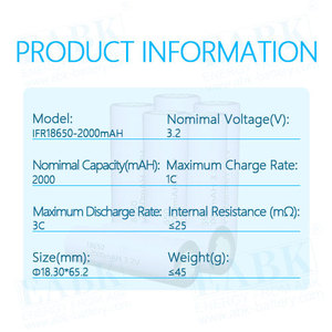 Hoge Ontladingssnelheid Ebak Ifr18650 2000Mah Lithium Batterij 18650 2000Mah <span class=keywords><strong>3</strong></span>.2V Cellen Voor Uav Cilindrische Lithium Ion Batterijen - Product Image 2