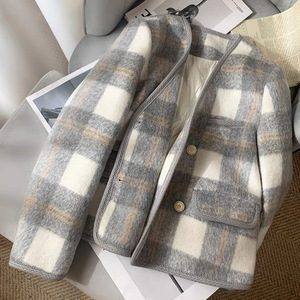 Women's Gray White Checkered Wool Coat Full Sleeve A Shape Warm Casual Outerwear Autumn Winter 2025 - Product Image 2