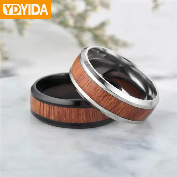 Großhandel Neuankömmling Hochwertige Edelstahl Holzmaserung Ring Einfaches Design Vintage Herren Titan Ring
