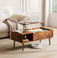Table basse relevable rustique moderne avec rangement et étagères ouvertes, meuble de salon en bois, vente en gros pour appartement et hôtel
